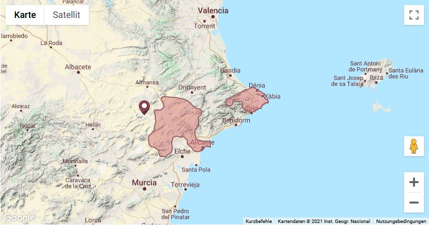 Karte der spanischen Ostküste mit Markierung der Bodega Castaño