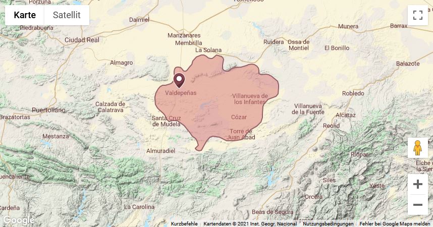 Karte eines Teils Spaniens mit Markierung der Bodega Félix Solís